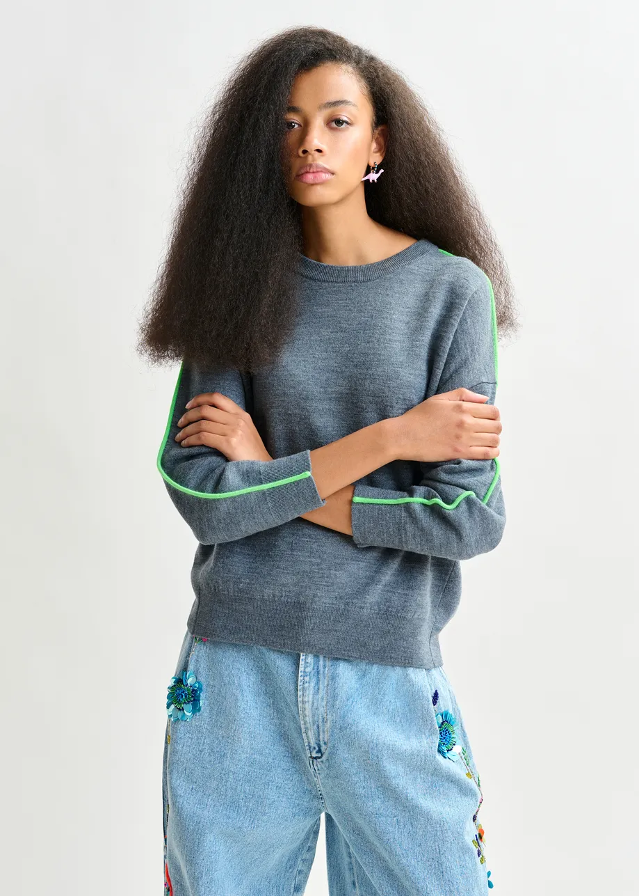 Blue and green knitted sweater with fitted waist