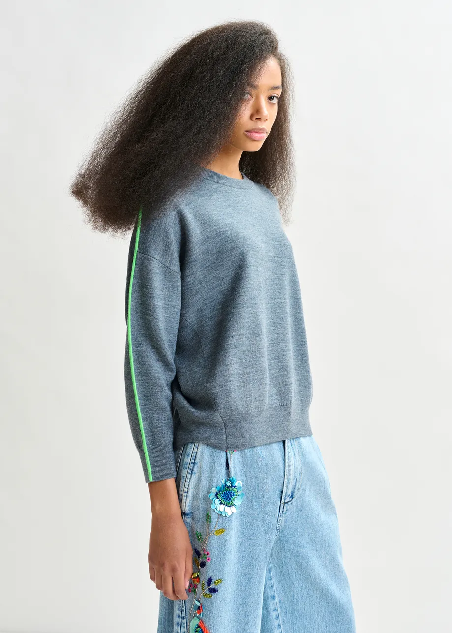 Blue and green knitted sweater with fitted waist