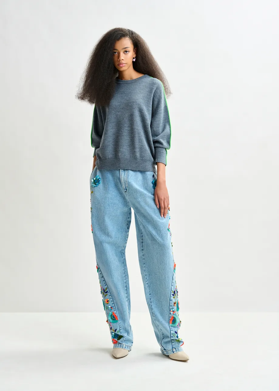 Blue and green knitted sweater with fitted waist