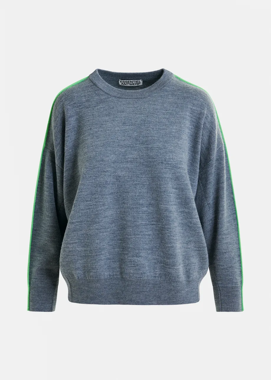 Blue and green knitted sweater with fitted waist