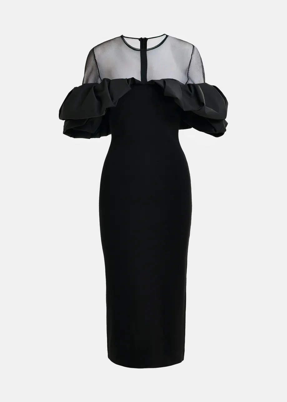 Black sheer yoke midi dress with sculptural ruffles