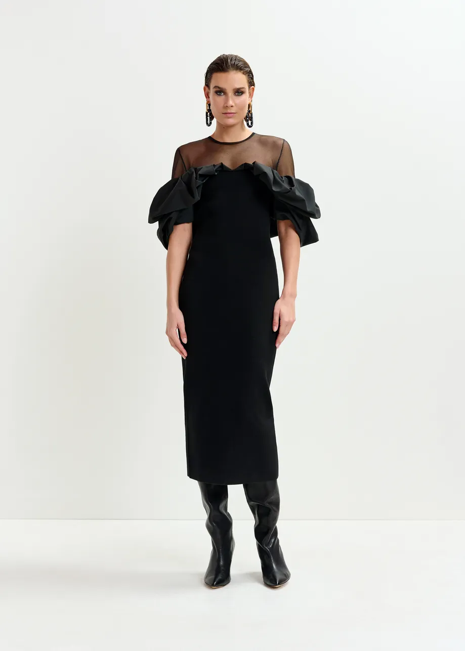 Black sheer yoke midi dress with sculptural ruffles