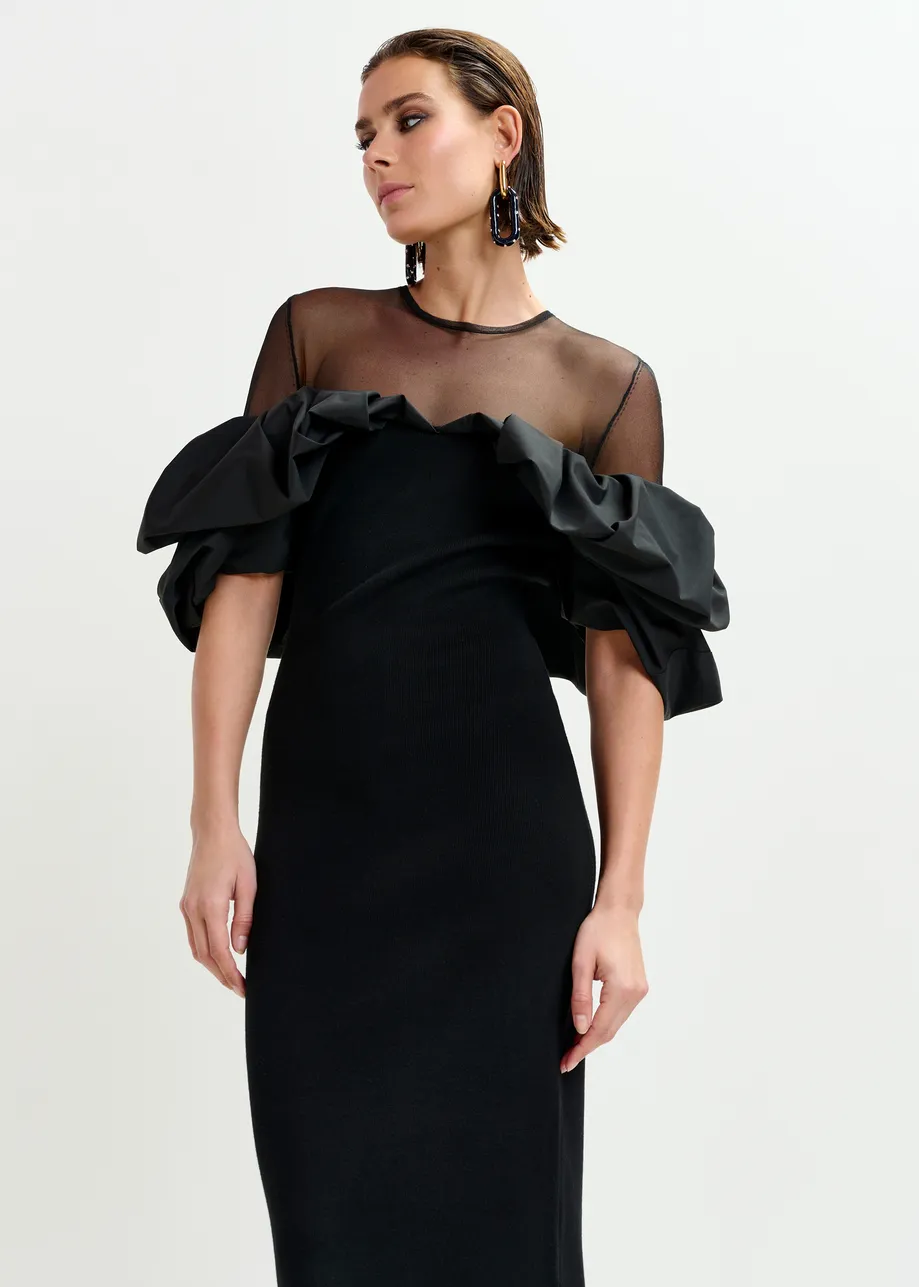 Black sheer yoke midi dress with sculptural ruffles