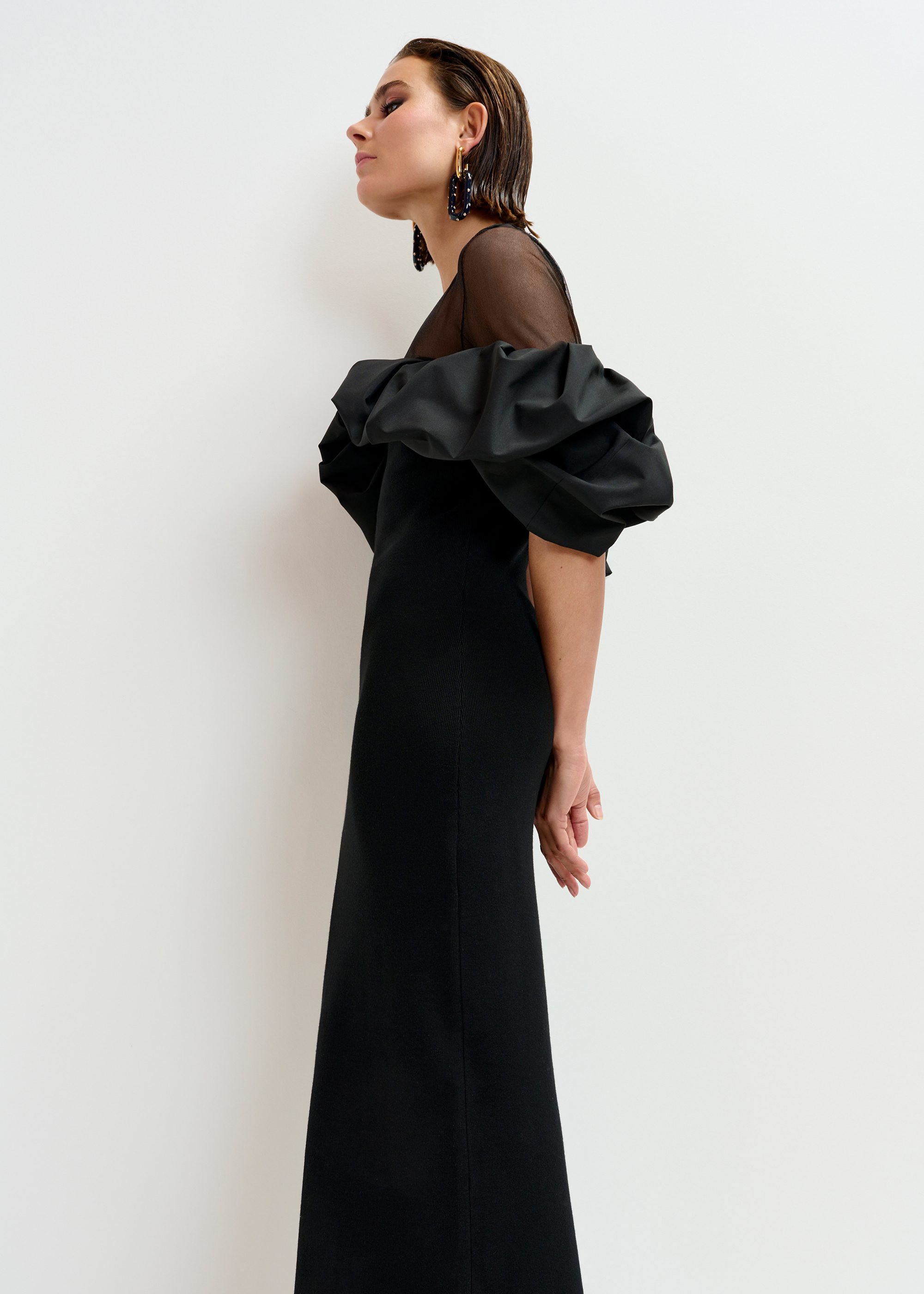Black sheer yoke midi dress with sculptural ruffles | Essentiel