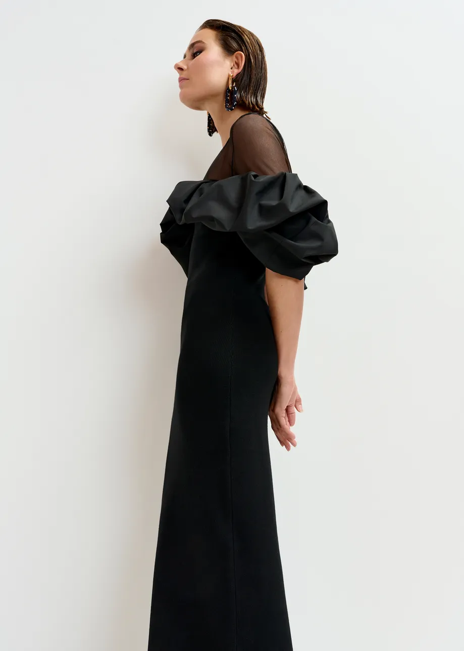 Black sheer yoke midi dress with sculptural ruffles