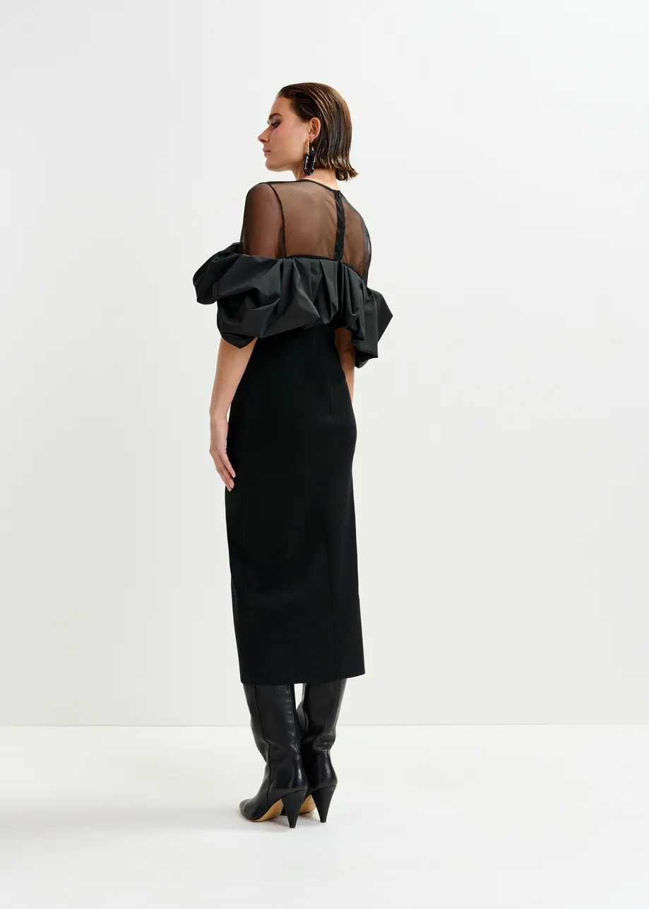 Black sheer yoke midi dress with sculptural ruffles