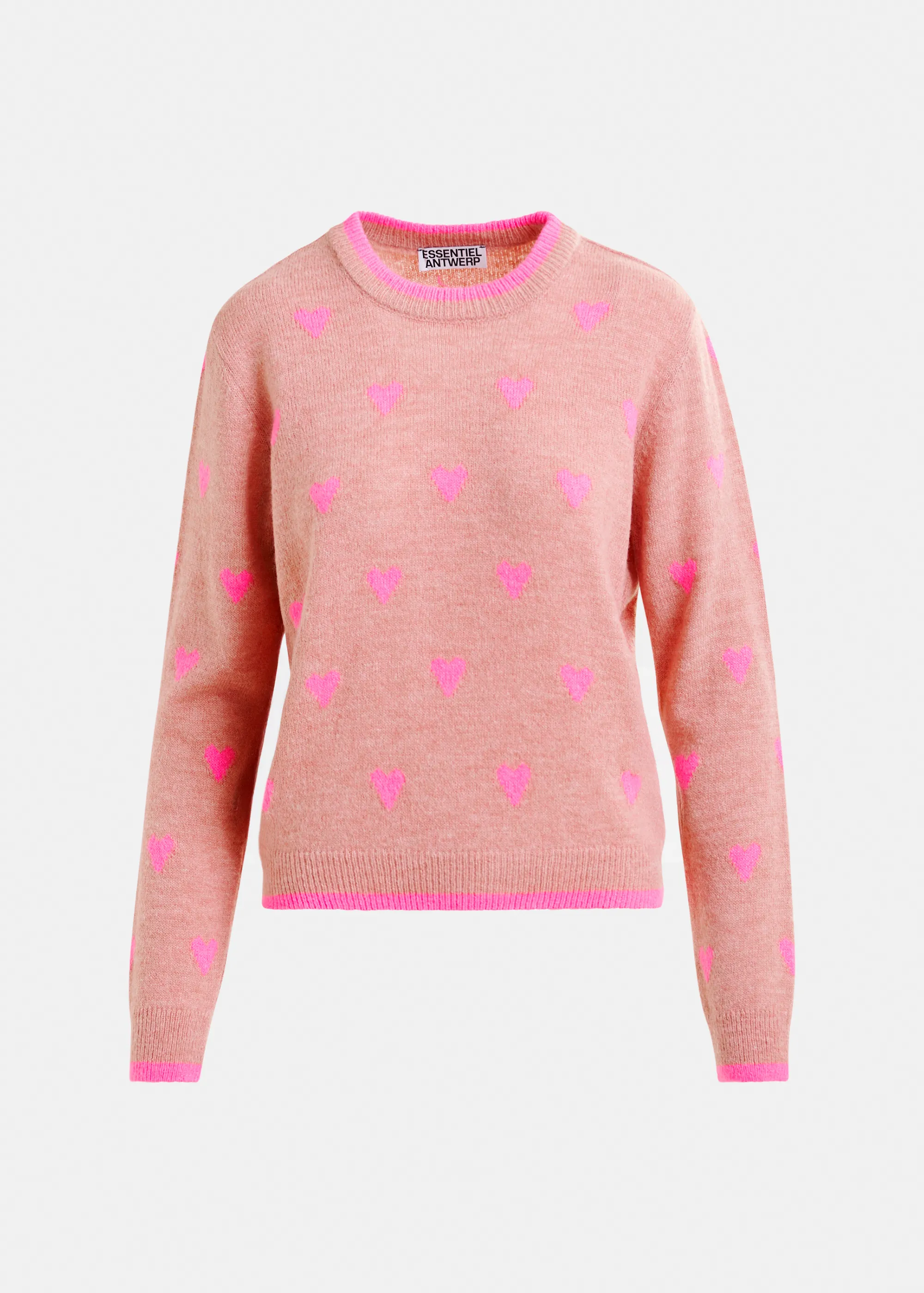 Maglione in misto lana marrone e rosa con intarsio a cuore