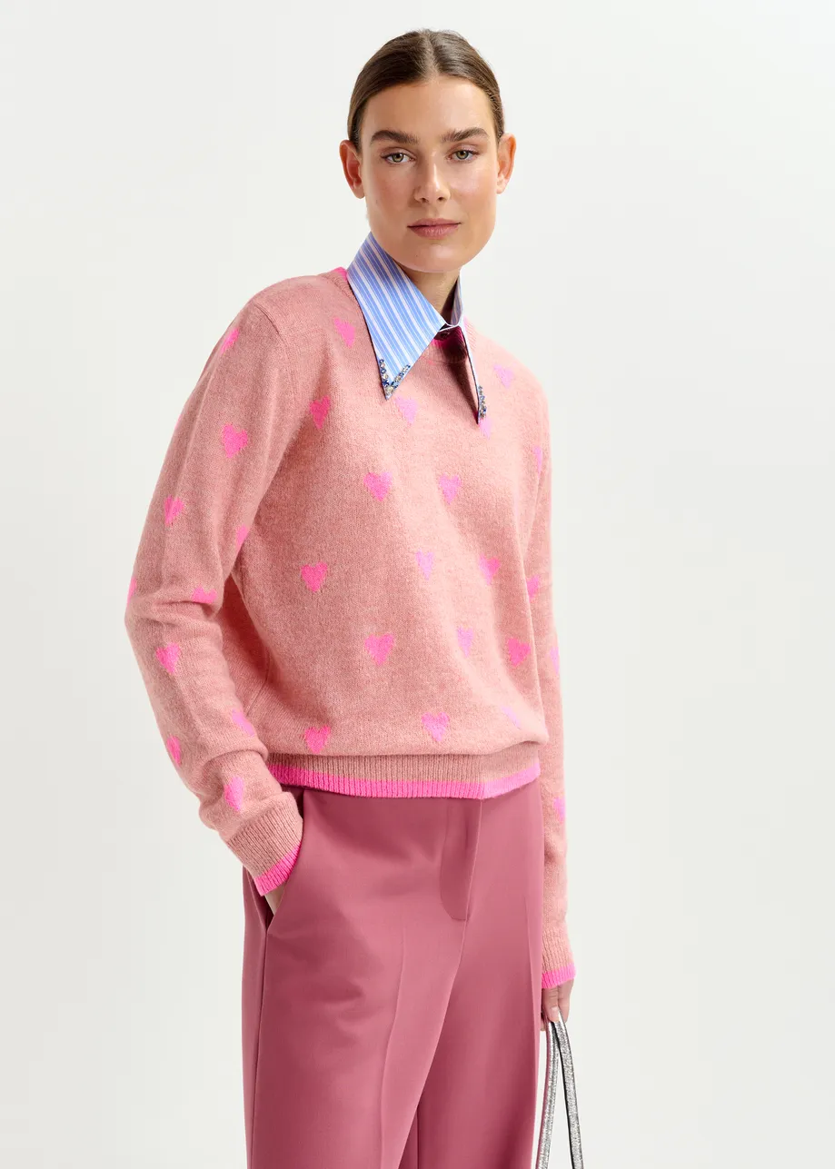 Pink heart-intarsia wool-blend sweater