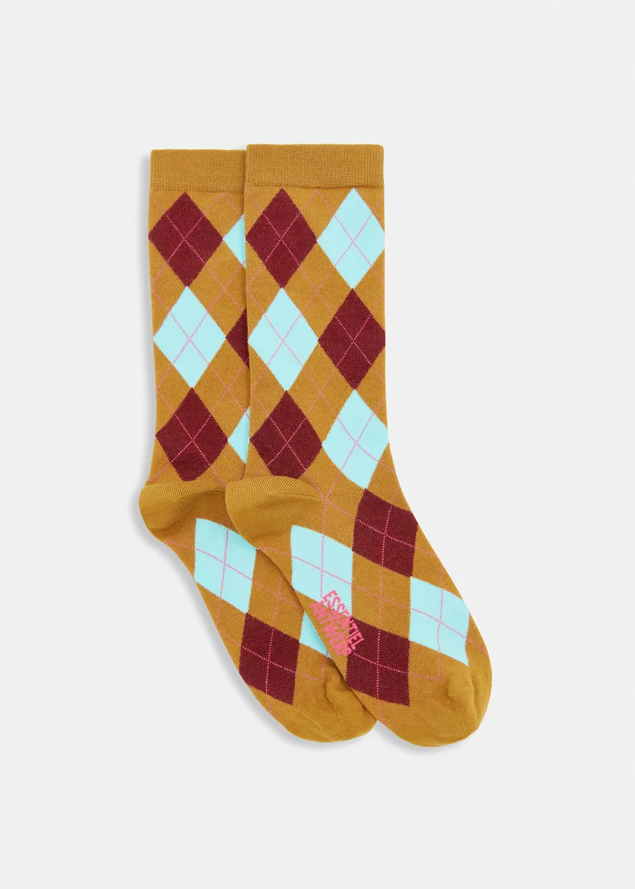 Brown, light blue and burgundy check-motif socks