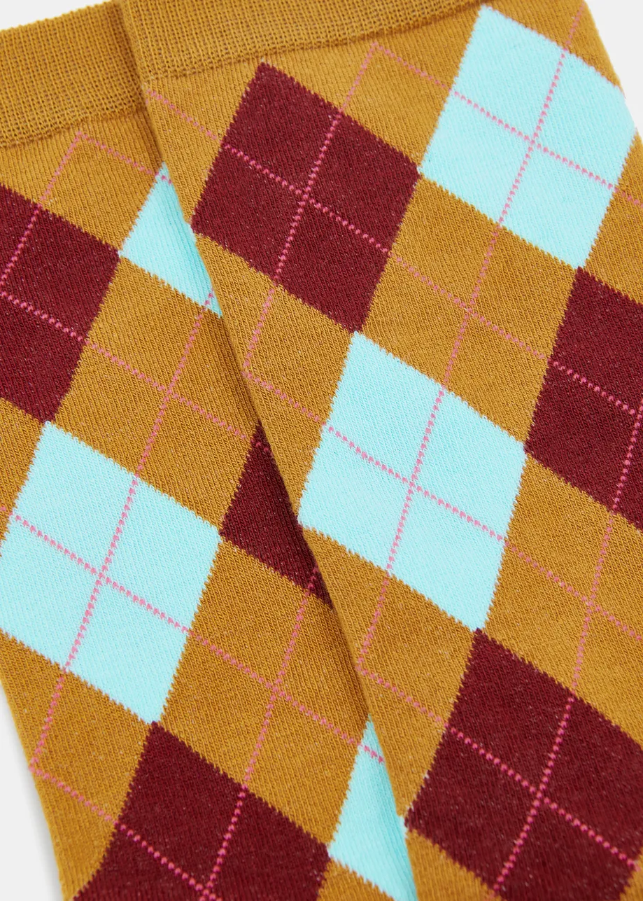 Brown, light blue and burgundy check-motif socks
