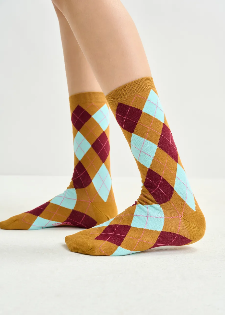 Brown, light blue and burgundy check-motif socks