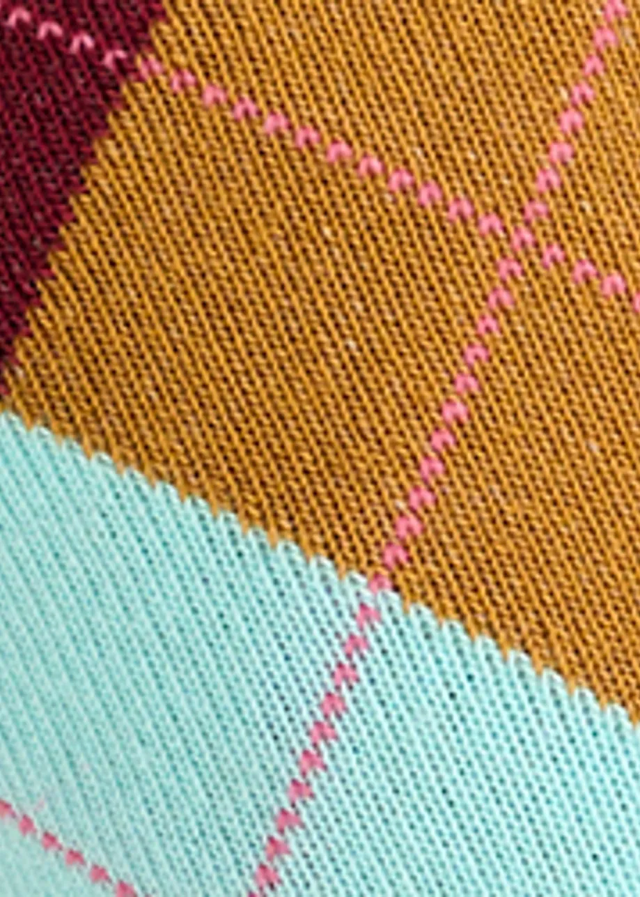 Brown, light blue and burgundy check-motif socks