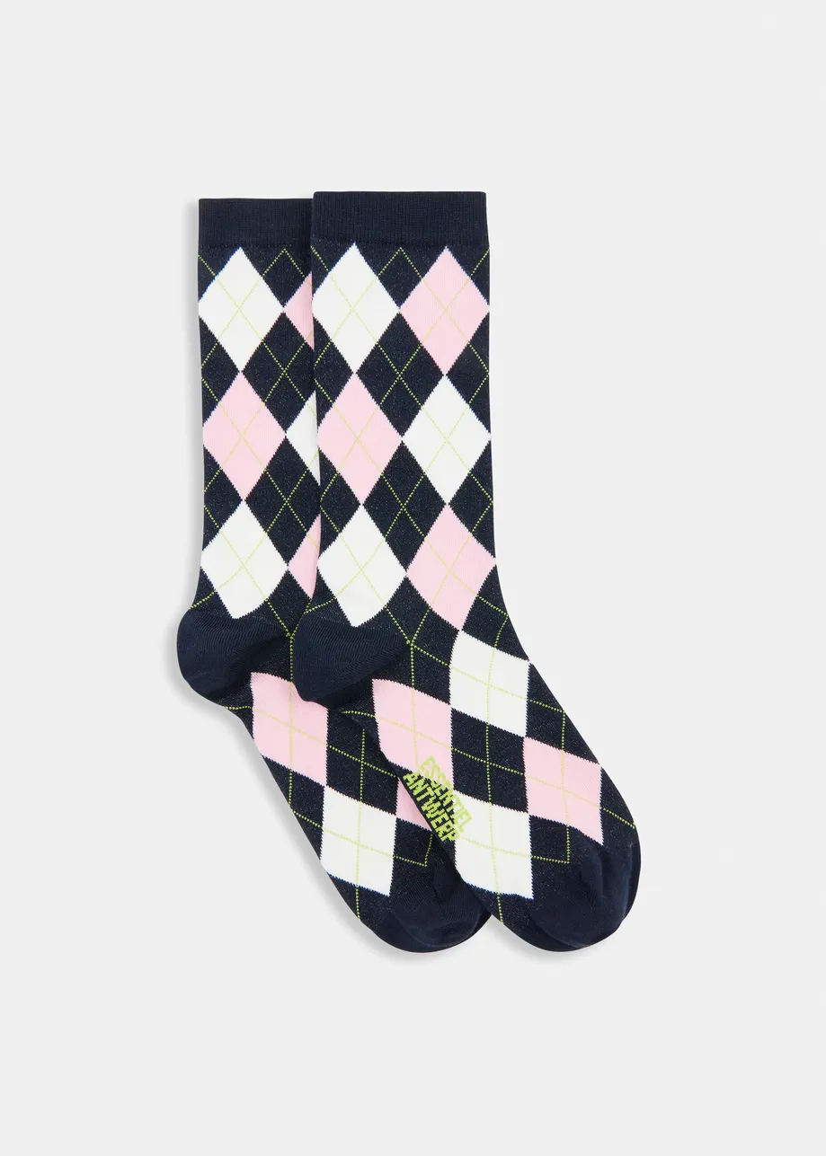 Navy, light blue and light pink check-motif socks