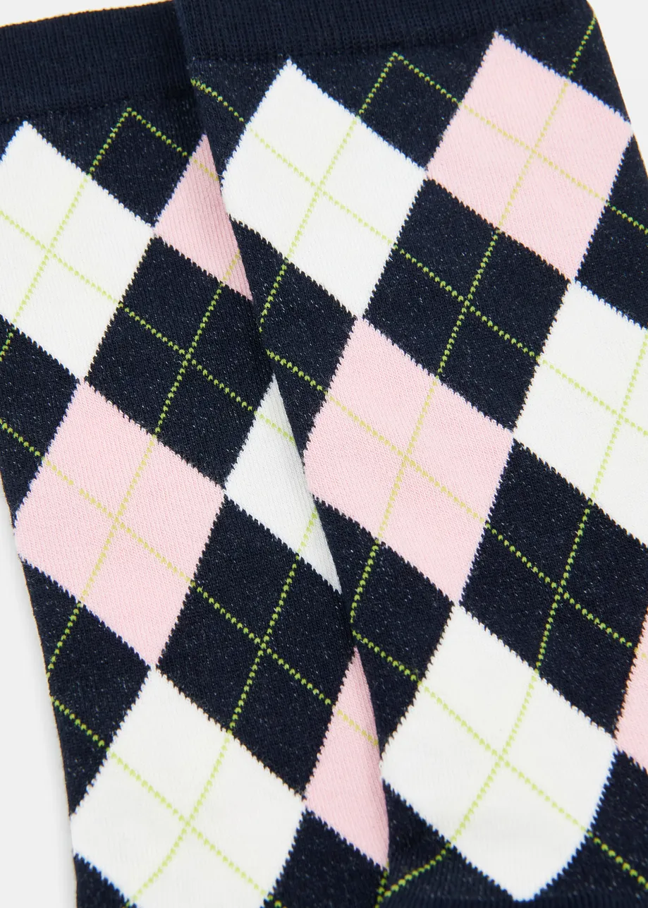 Navy, light blue and light pink check-motif socks