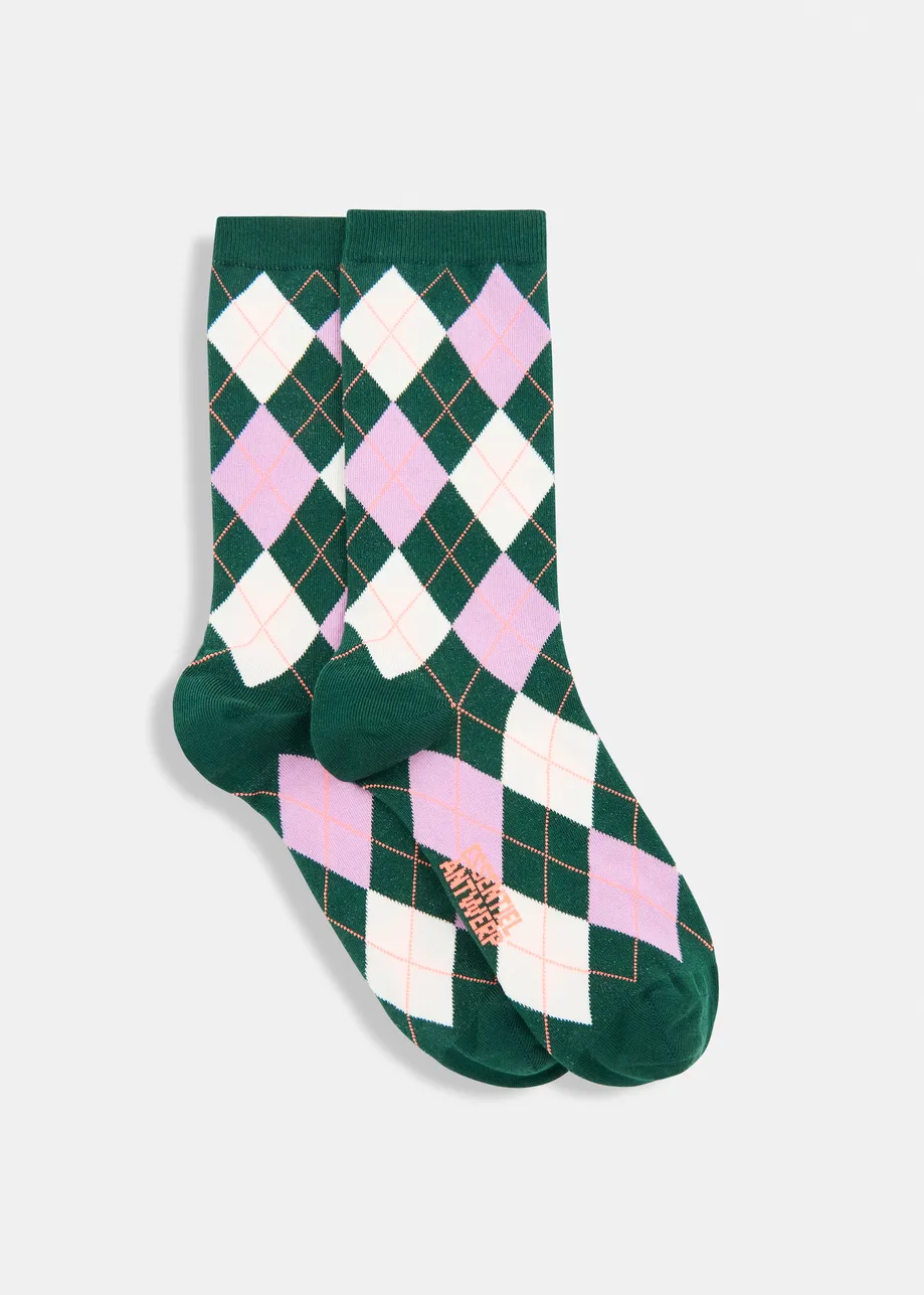 Dark green, purple and light pink check-motif socks