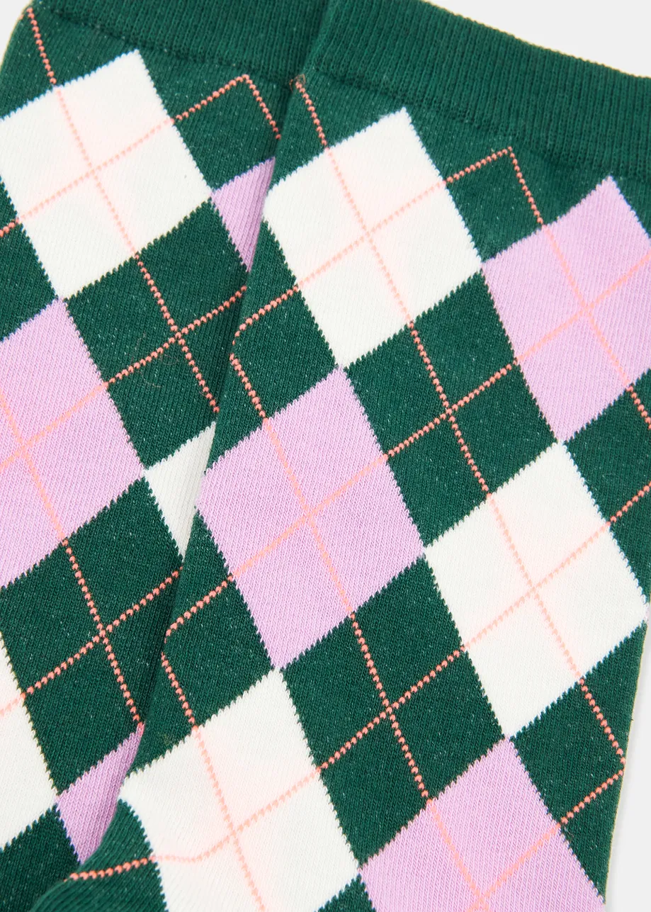 Dark green, purple and light pink check-motif socks