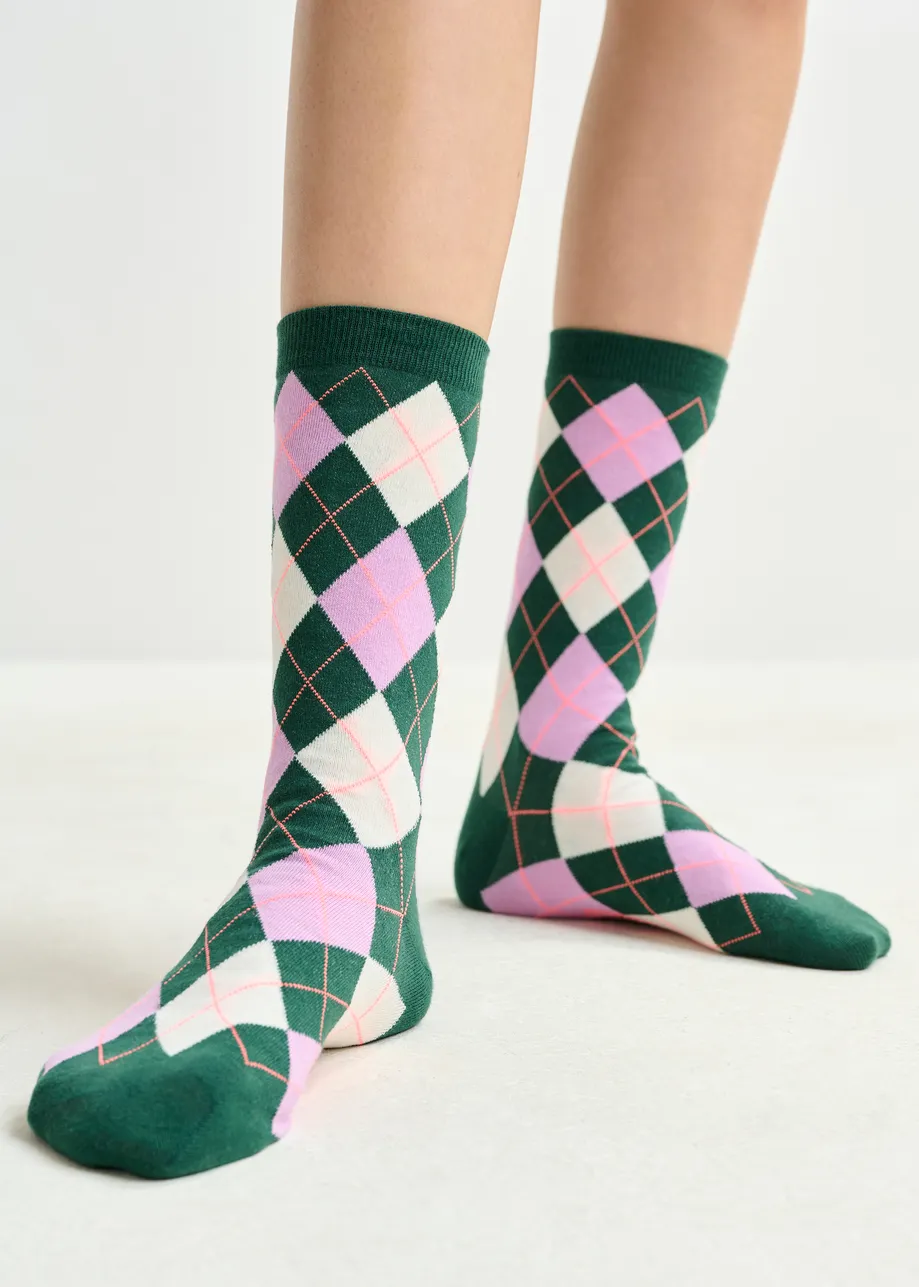 Dark green, purple and light pink check-motif socks