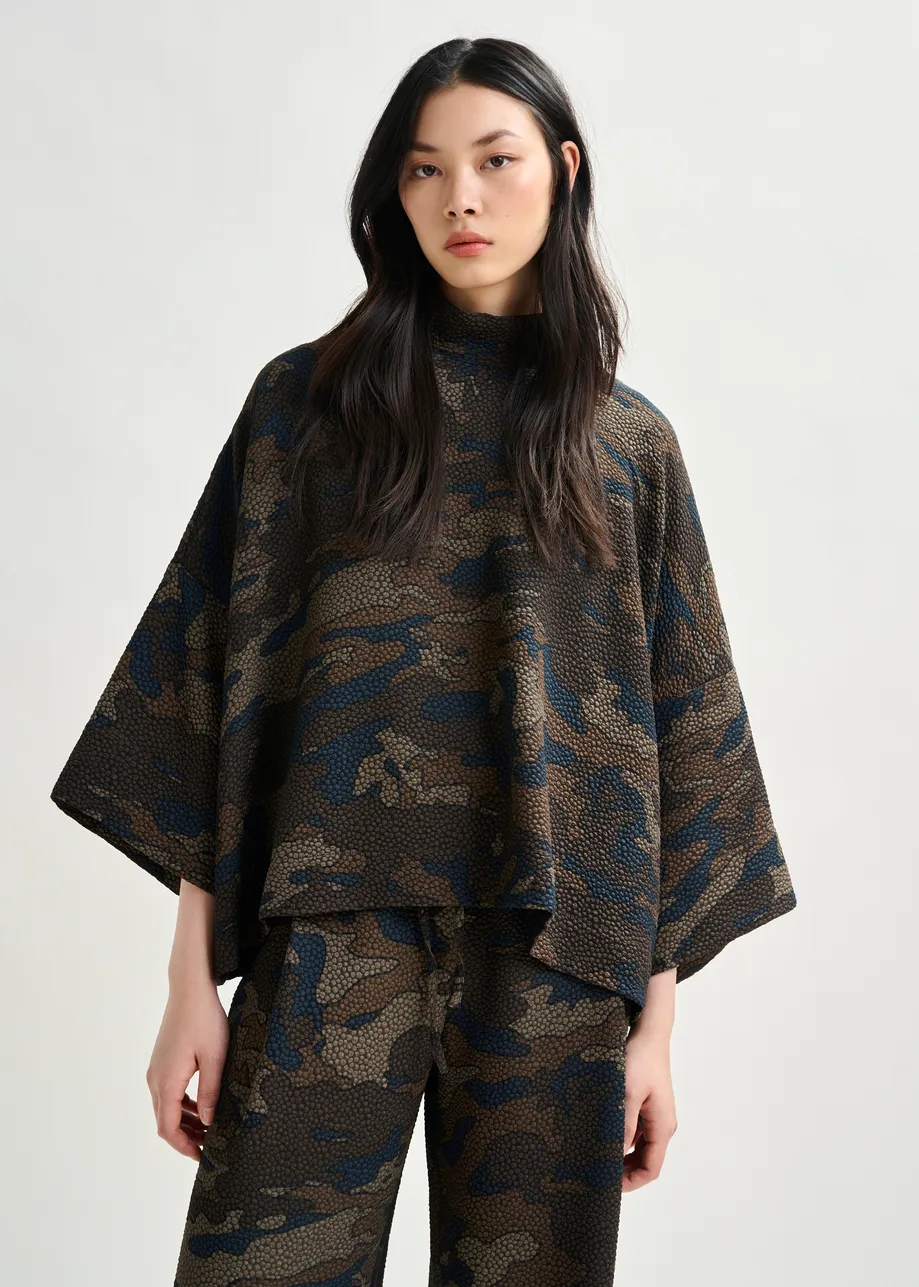 Brown, khaki and black oversized top with stand-up collar