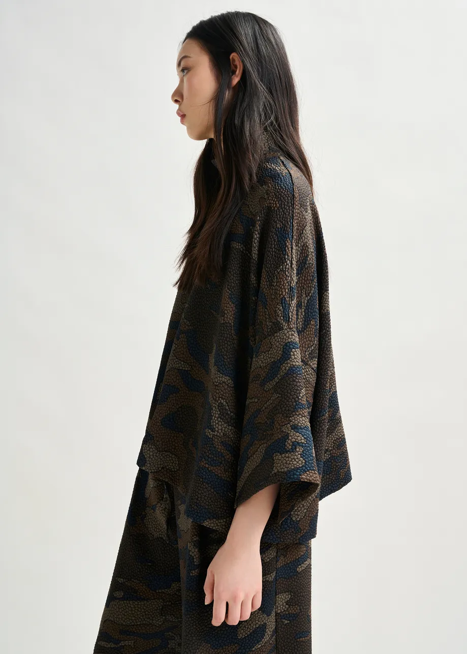 Brown, khaki and black oversized top with stand-up collar