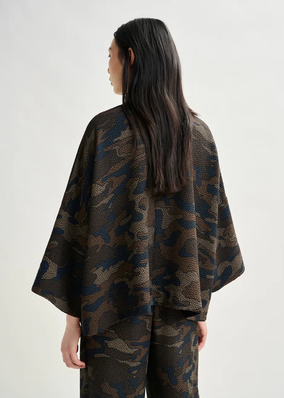 Brown, khaki and black oversized top with stand-up collar
