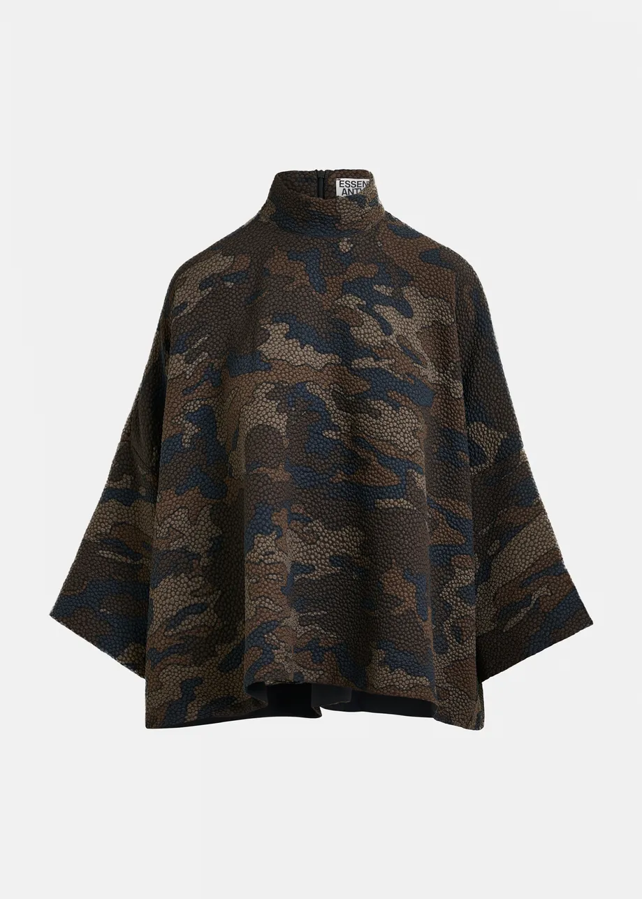 Brown, khaki and black oversized top with stand-up collar