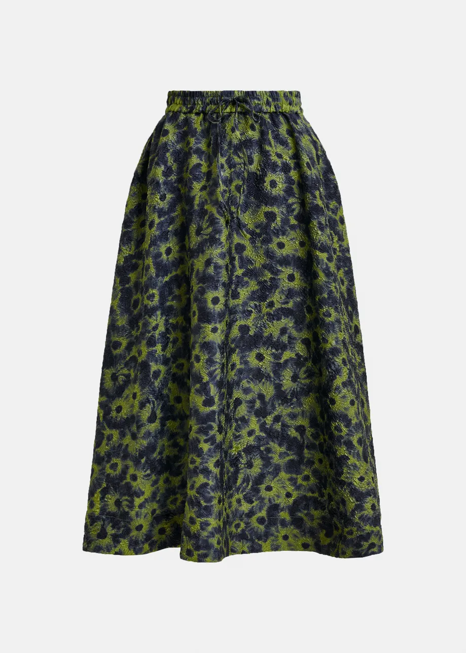 Khaki and dark blue floral-jacquard midi skirt