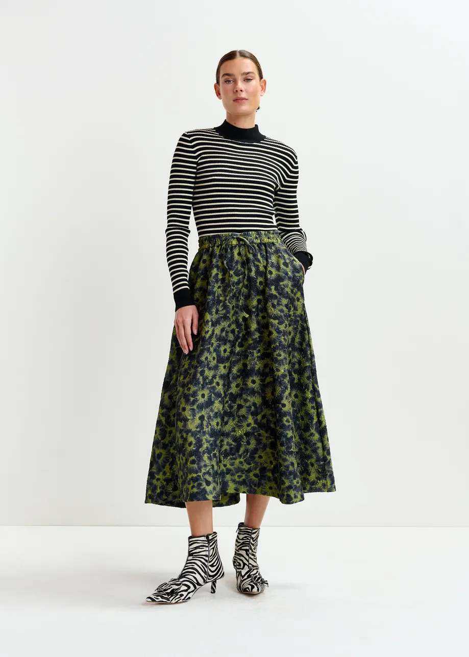 Khaki and dark blue floral-jacquard midi skirt