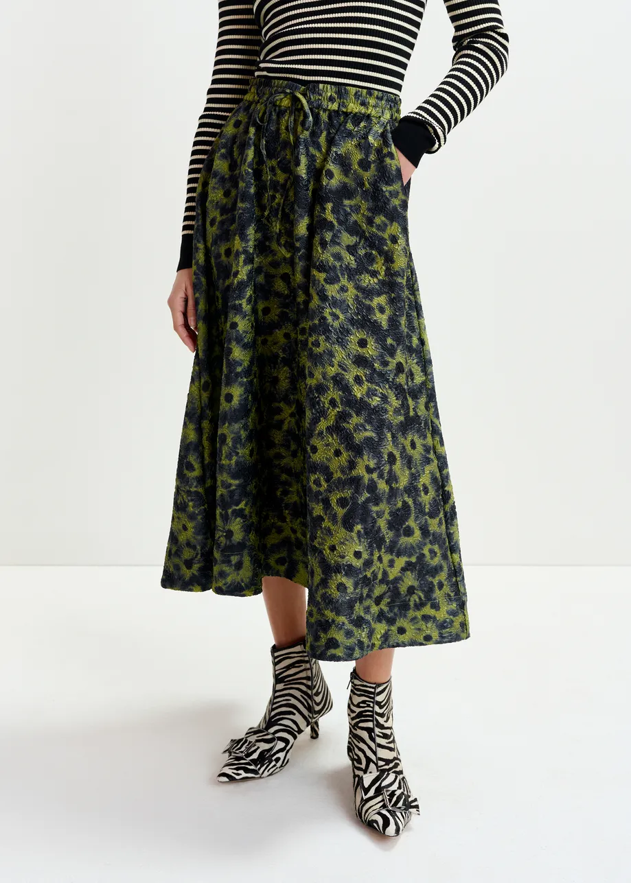 Khaki and dark blue floral-jacquard midi skirt