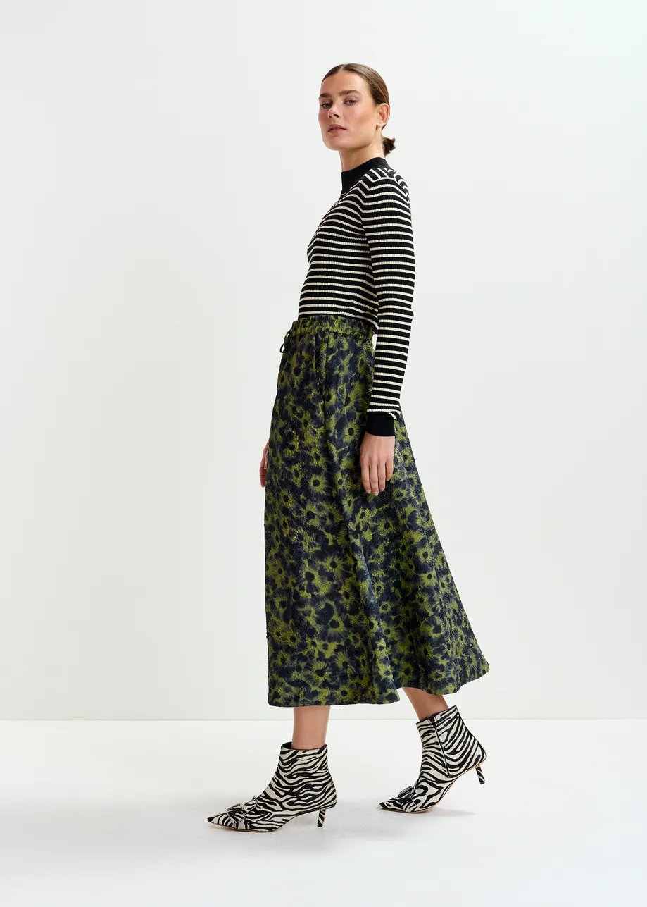 Khaki and dark blue floral-jacquard midi skirt