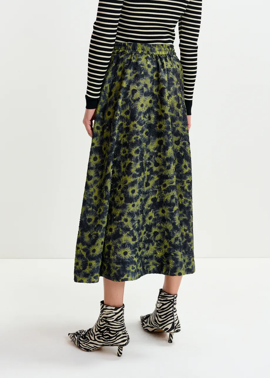 Khaki and dark blue floral-jacquard midi skirt