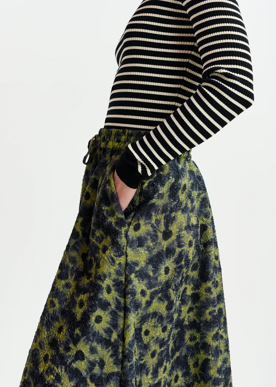 Khaki and dark blue floral-jacquard midi skirt