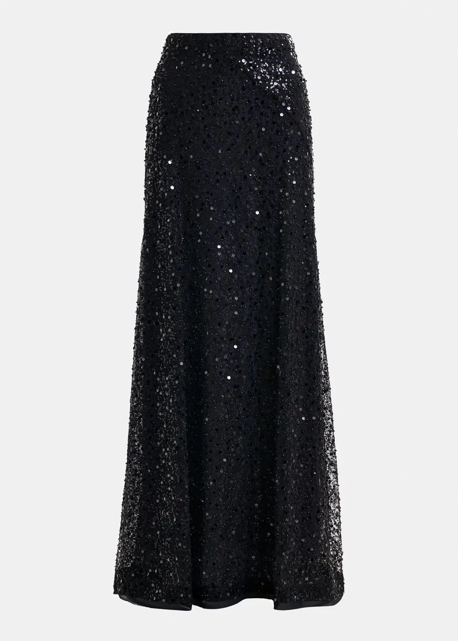 Black panelled maxi skirt with sequin and bead embellishments