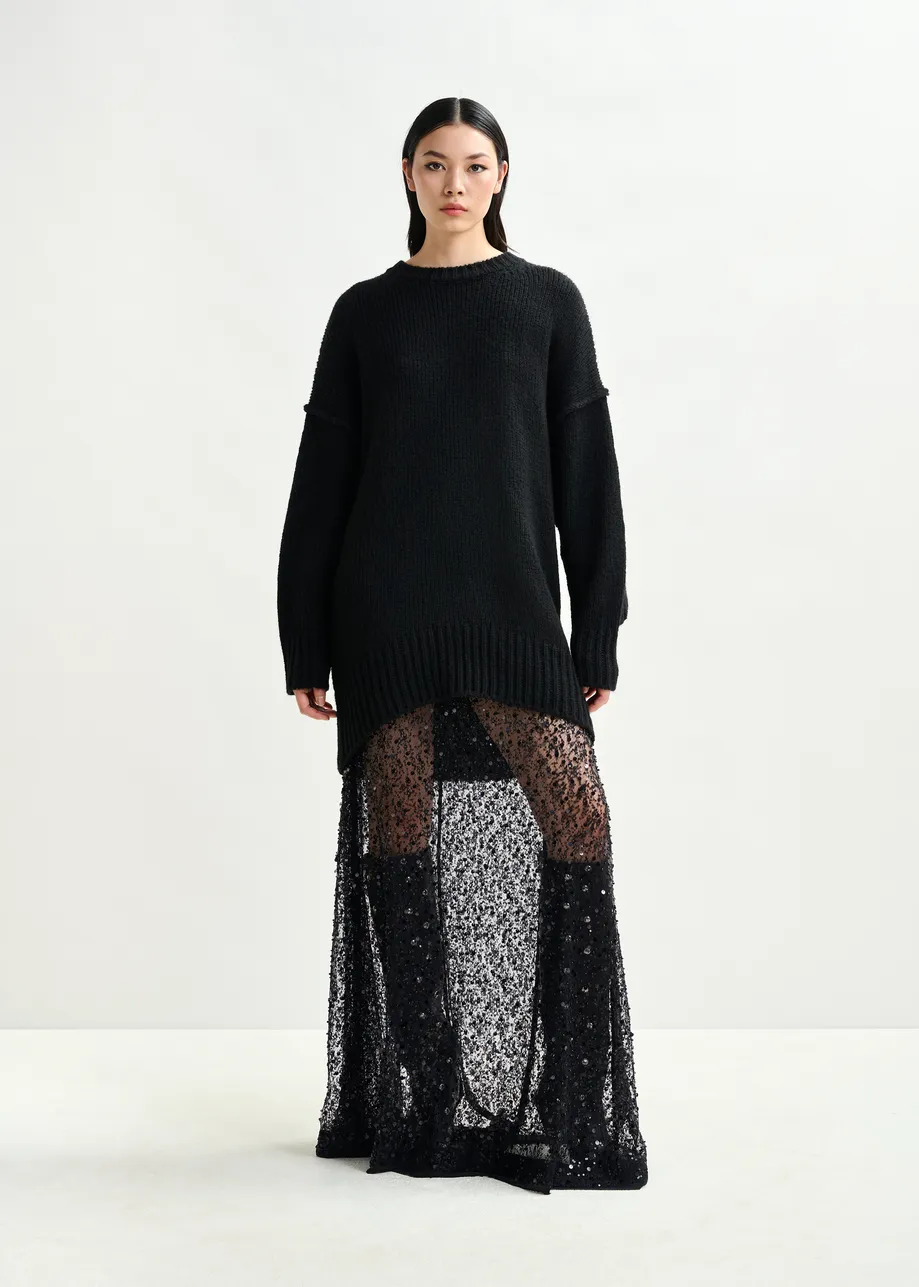 Black panelled maxi skirt with sequin and bead embellishments