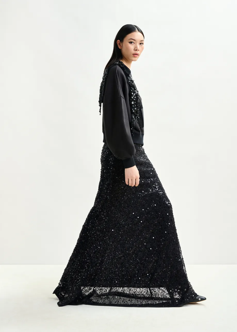 Black panelled maxi skirt with sequin and bead embellishments