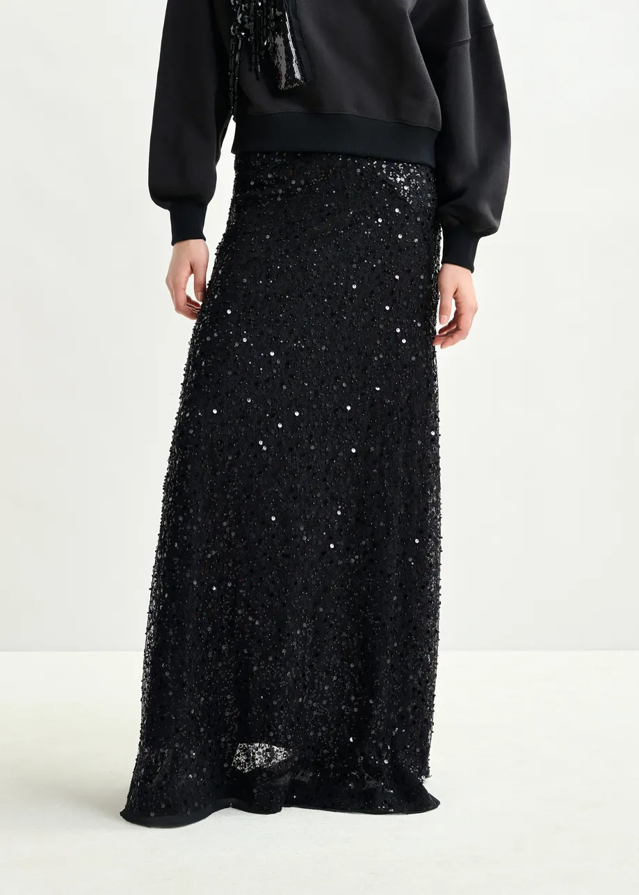 Black panelled maxi skirt with sequin and bead embellishments
