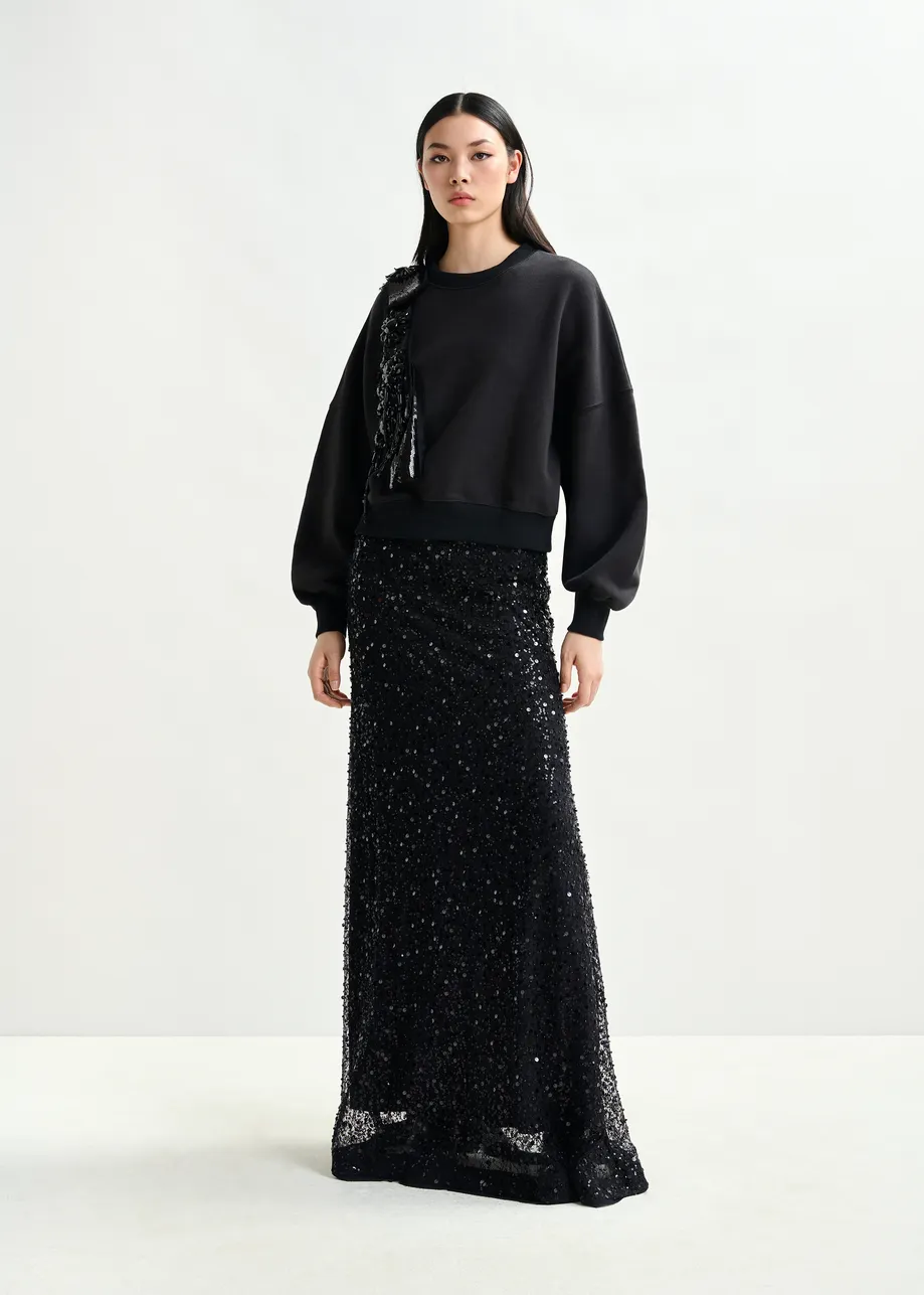 Black panelled maxi skirt with sequin and bead embellishments