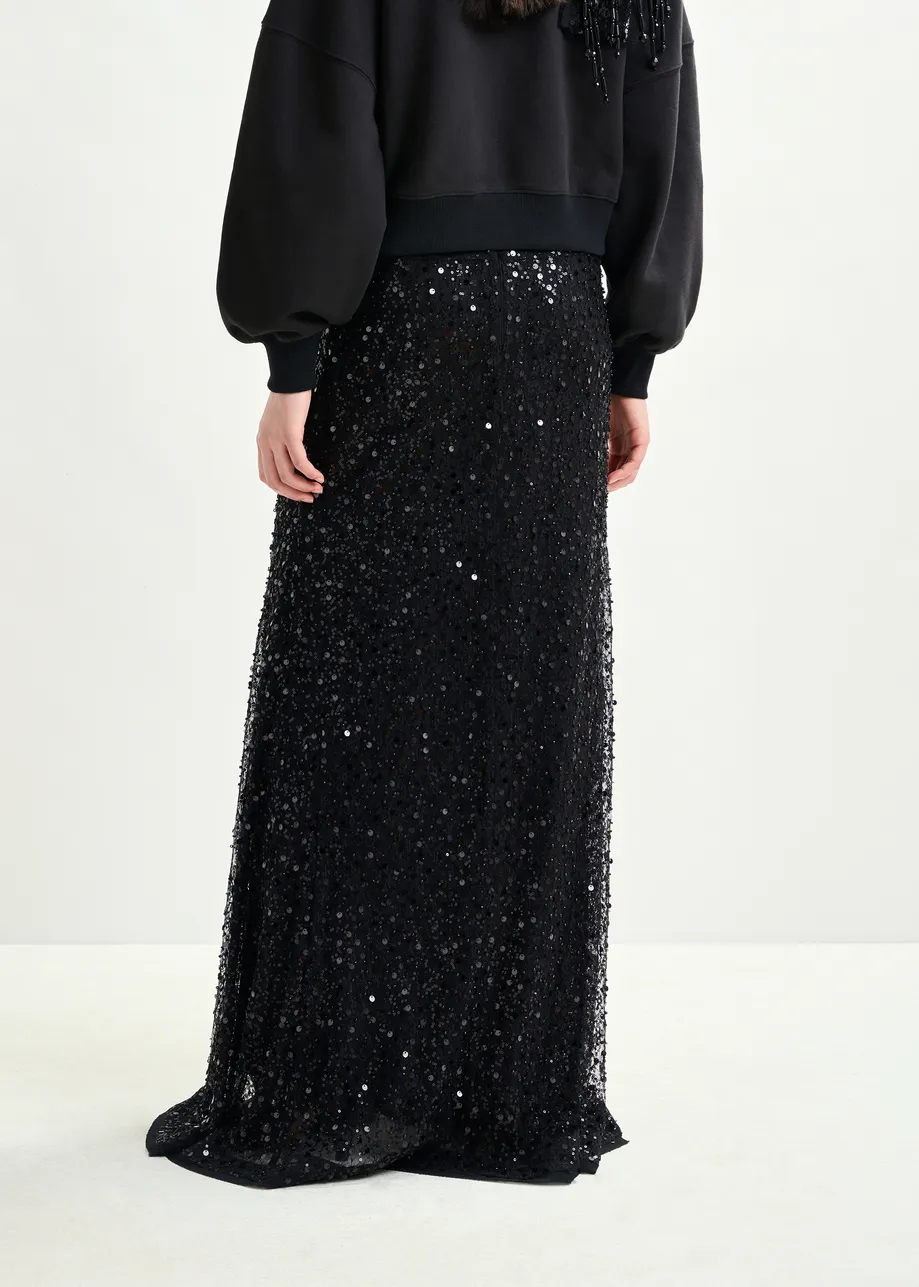 Black panelled maxi skirt with sequin and bead embellishments