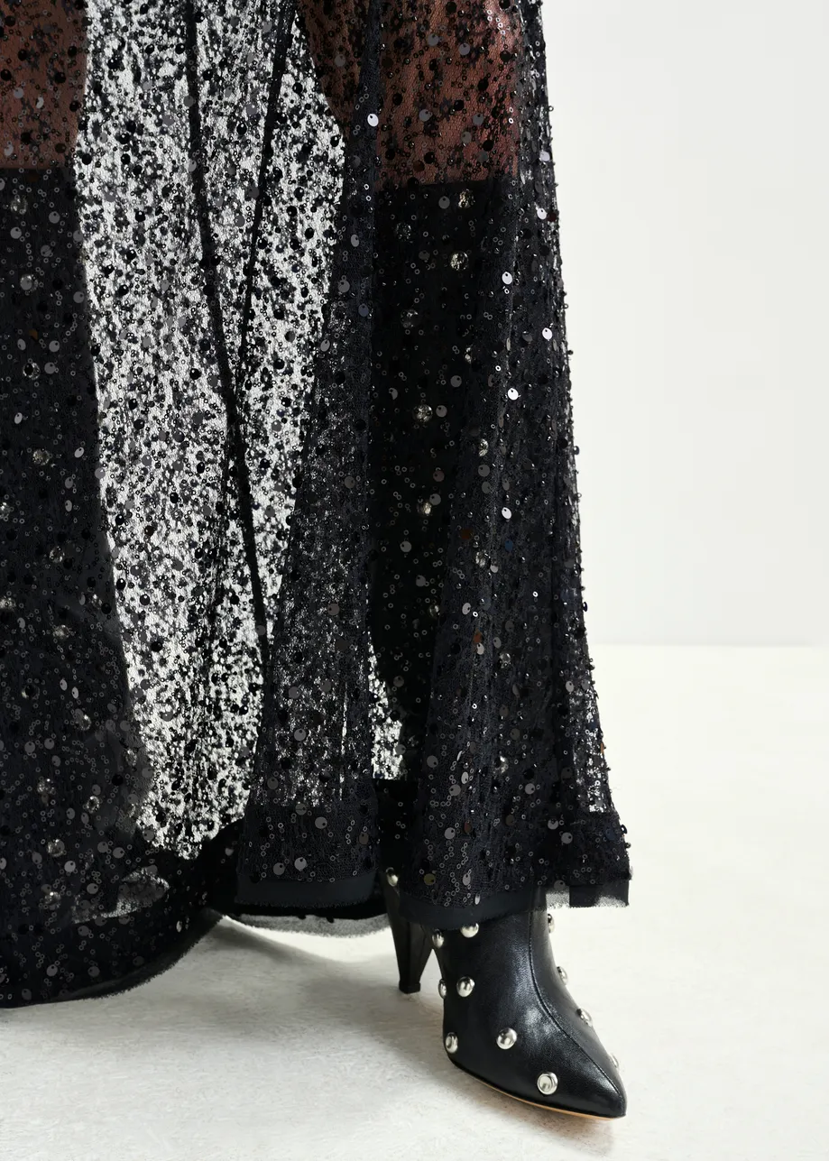 Black panelled maxi skirt with sequin and bead embellishments