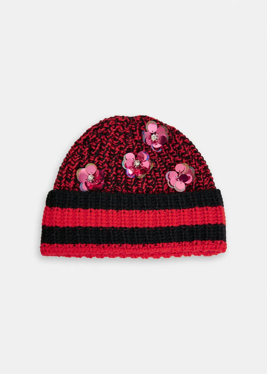 Red, black and vintage pink ribbed beanie with sequin and bead-embellishments
