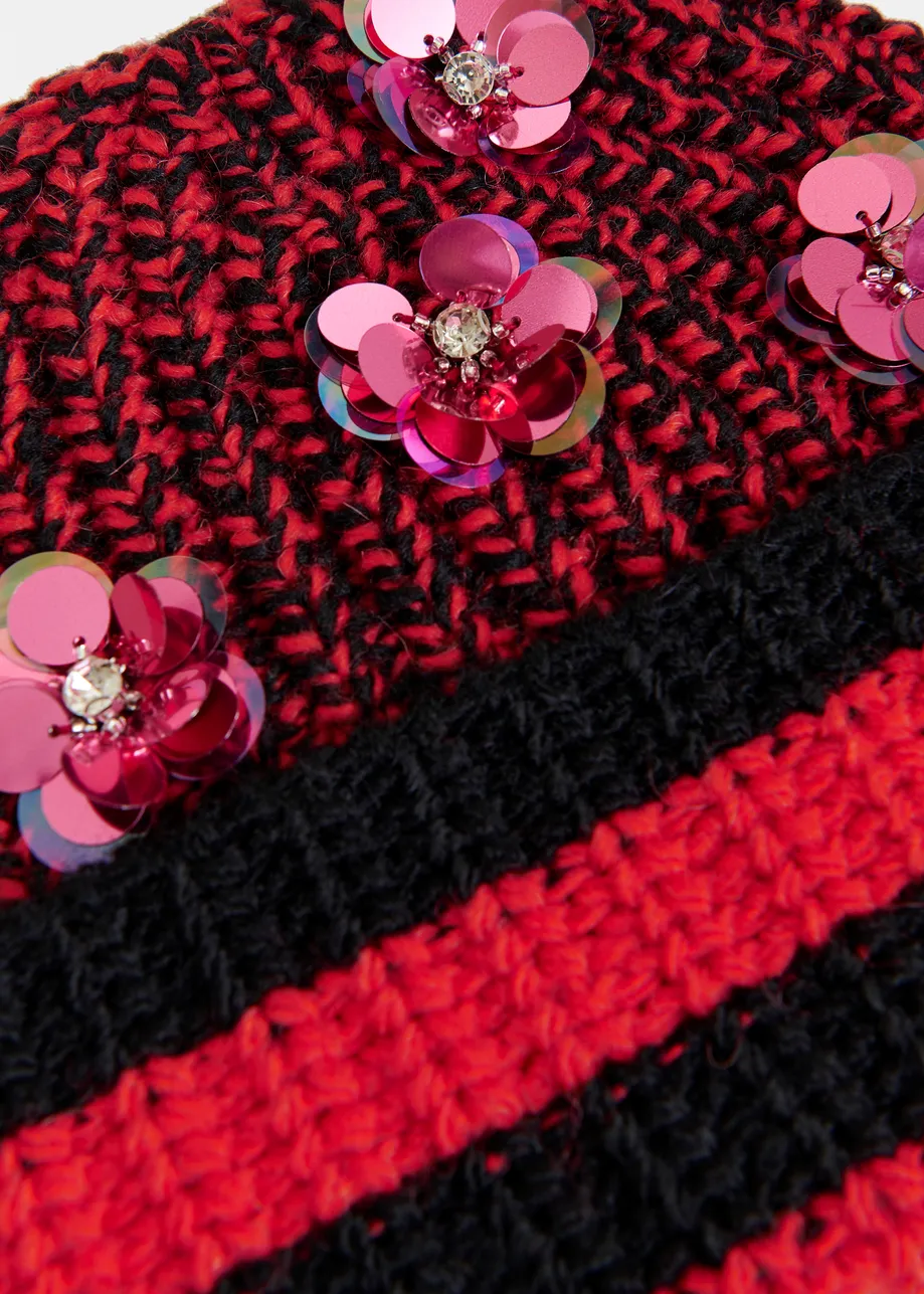 Red, black and vintage pink ribbed beanie with sequin and bead-embellishments
