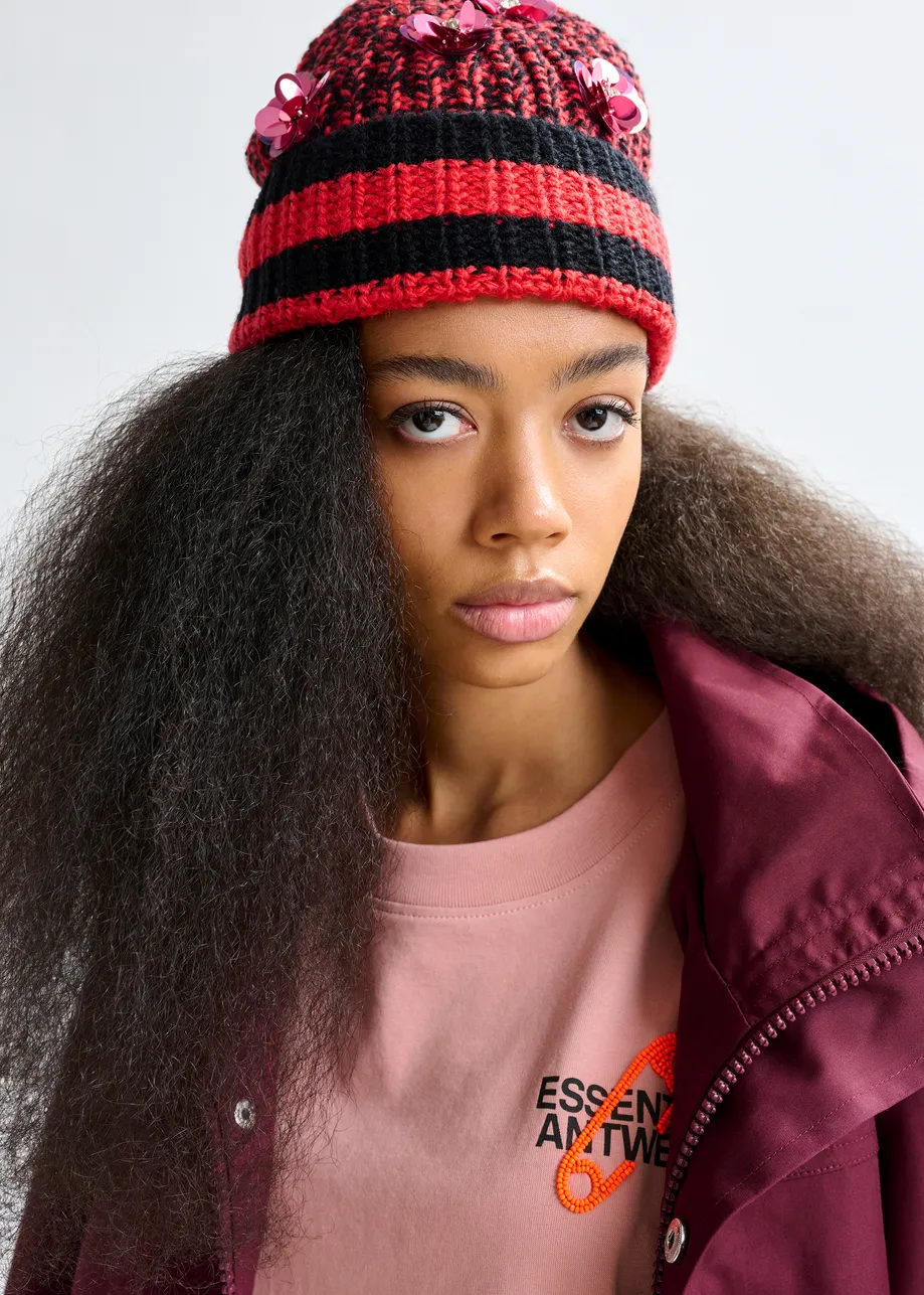 Red, black and vintage pink ribbed beanie with sequin and bead-embellishments

