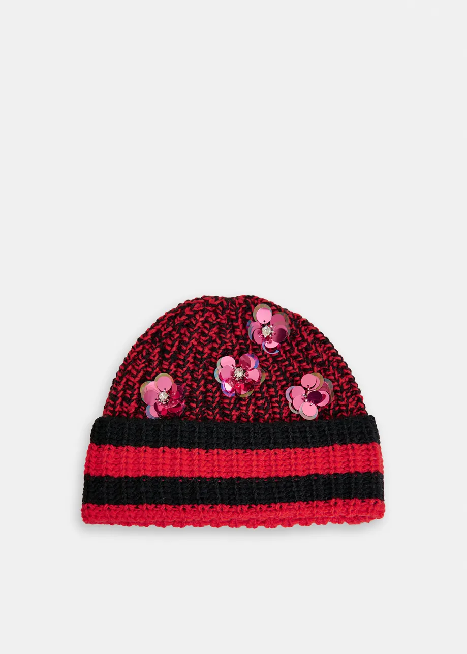 Red, black and vintage pink ribbed beanie with sequin and bead-embellishments
