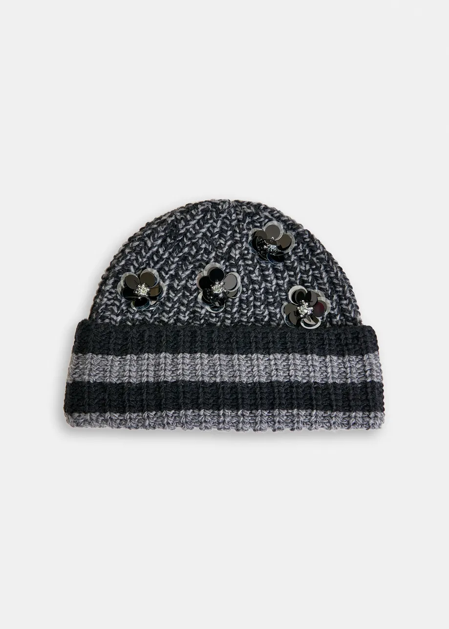 Khaki and black ribbed beanie with sequin and bead-embellishments
