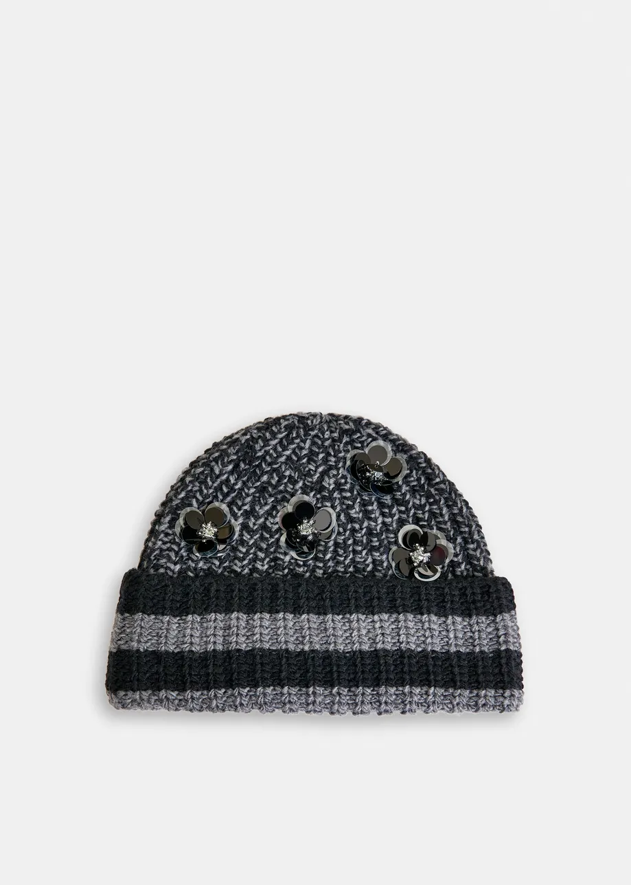 Khaki and black ribbed beanie with sequin and bead-embellishments
