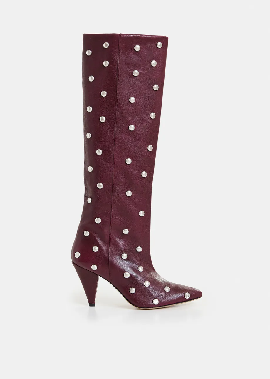 Burgundy studded leather knee-high cone heel boots