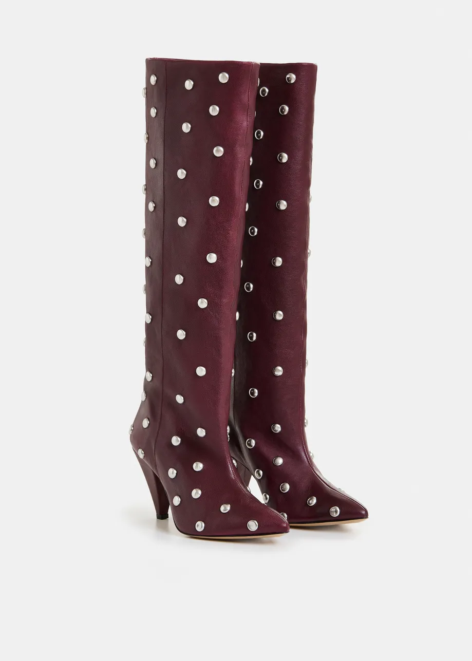 Burgundy studded leather knee-high cone heel boots