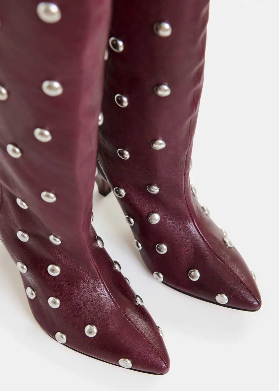 Burgundy studded leather knee-high cone heel boots