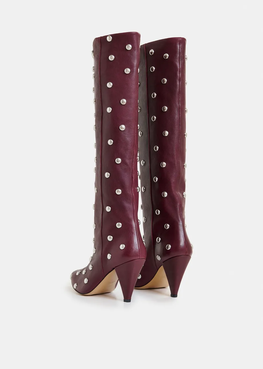 Burgundy studded leather knee-high cone heel boots