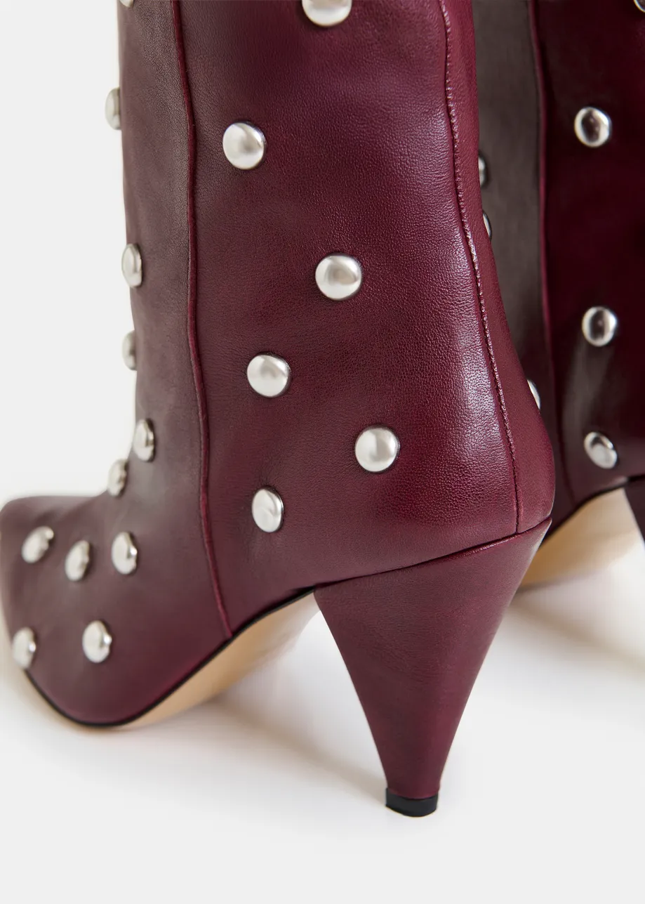 Burgundy studded leather knee-high cone heel boots