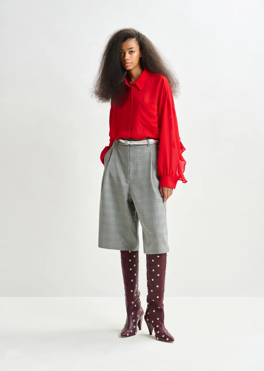 Burgundy studded leather knee-high cone heel boots
